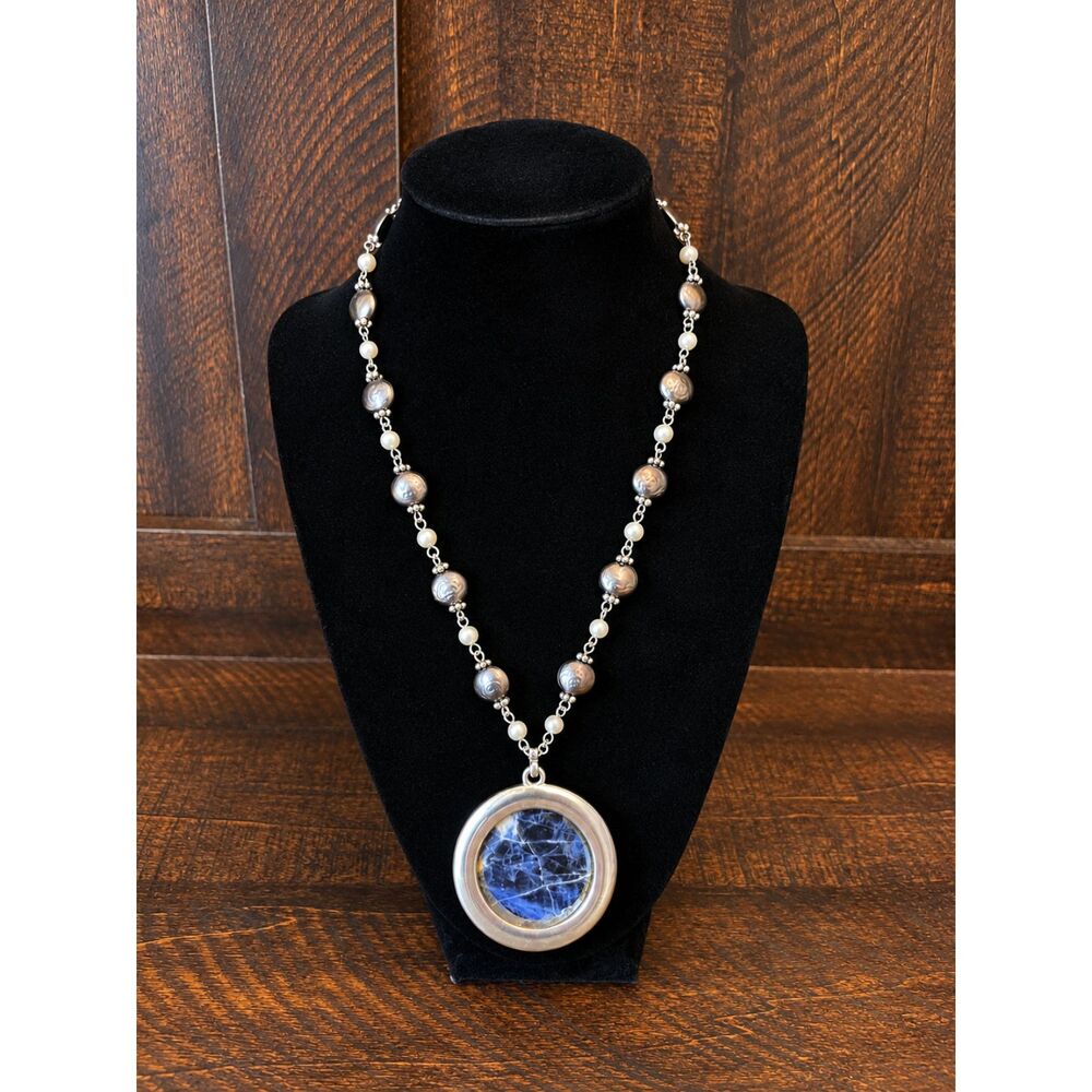 Vintage Monet Blue Stone Look Pendant Necklace Faux Pearl Silver Tone Statement